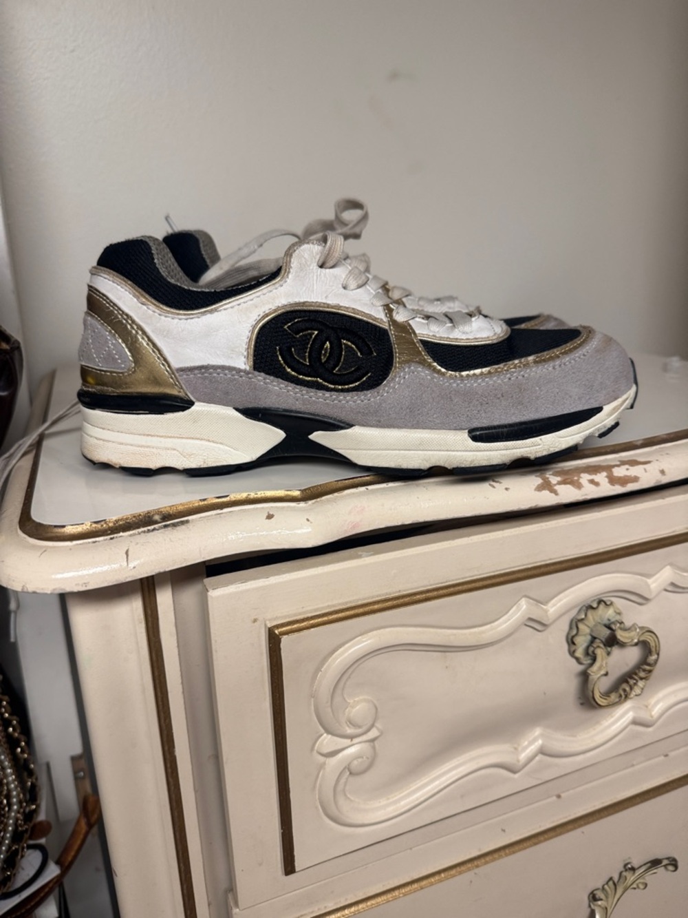 CHANEL Gray Black White Gold Leather & Suede Logo Trainer
